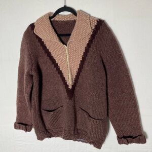 Vintage Handmade Brown Beige Half Zip Knit Pullover Sweater XL